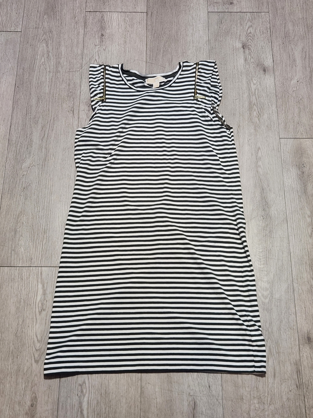 MICHAEL Michael Kors Black White Striped Dress M Gold Zip Shoulder